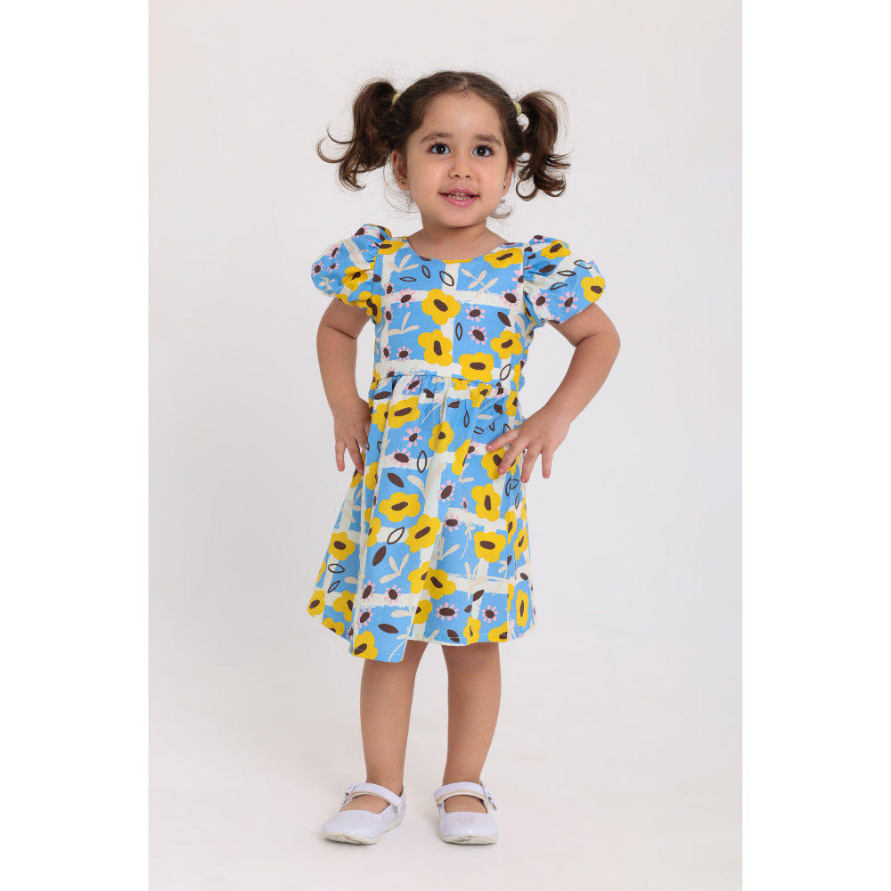 Baby Girls Cotton Sleeveless Dress – Baby Blue & Yellow with Flowers Print