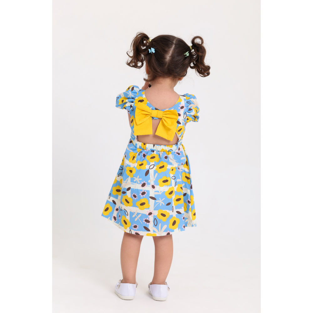 Baby Girls Cotton Sleeveless Dress – Baby Blue & Yellow with Flowers Print