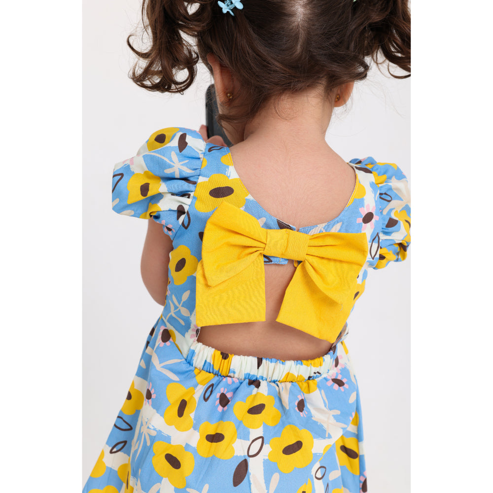 Baby Girls Cotton Sleeveless Dress – Baby Blue & Yellow with Flowers Print