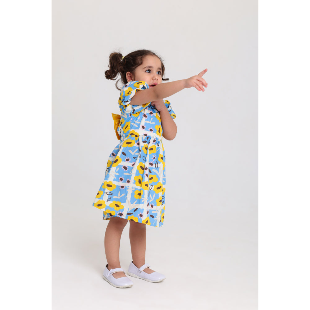 Baby Girls Cotton Sleeveless Dress – Baby Blue & Yellow with Flowers Print
