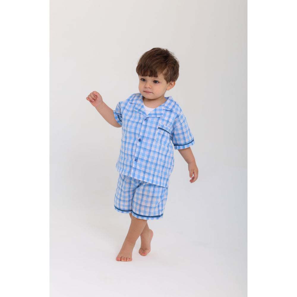 Baby Boys Cotton Pajama Set – Baby Blue Checkered Print - Clothing - Ourkids