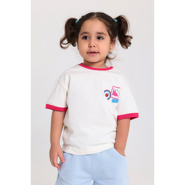 Baby Girls Cotton T-Shirt – Off-White with "Outside" Print