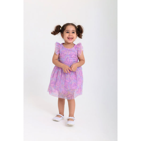 Baby Girls Tulle Sleeveless Dress – Purple with Flowers Print