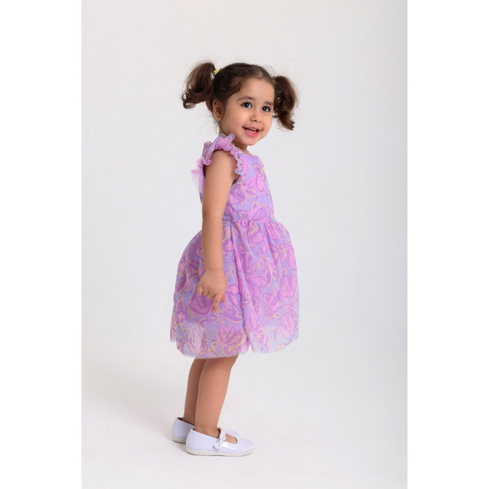 Baby Girls Tulle Sleeveless Dress – Purple with Flowers Print