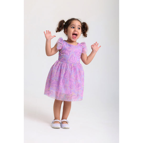 Baby Girls Tulle Sleeveless Dress – Purple with Flowers Print
