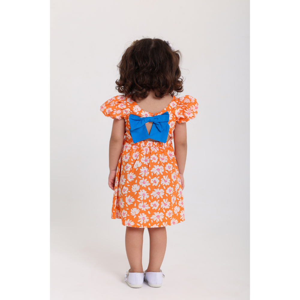 Baby Girls Cotton Dress – Orange with Flowers Print
