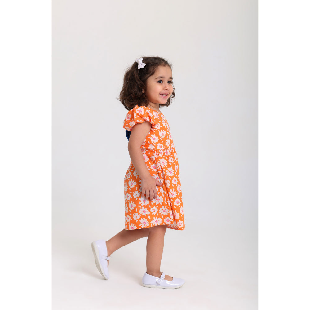 Baby Girls Cotton Dress – Orange with Flowers Print