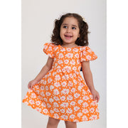 Baby Girls Cotton Dress – Orange with Flowers Print