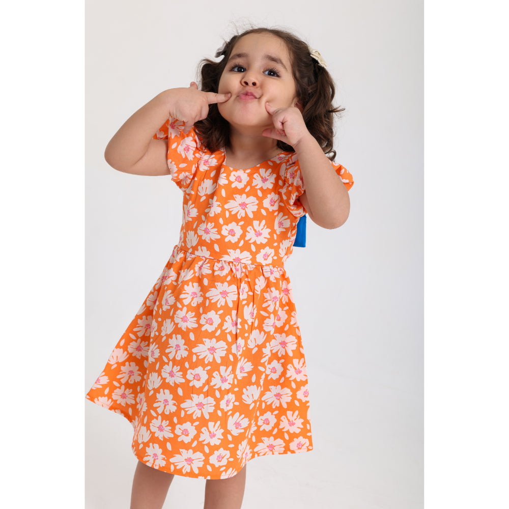 Baby Girls Cotton Dress – Orange with Flowers Print