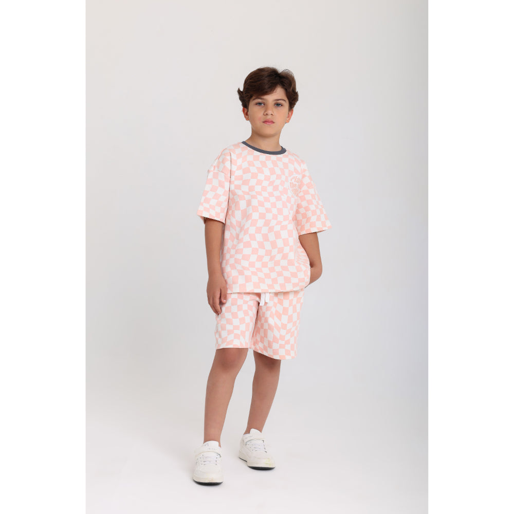Boys Cotton Outfit Set – Off-White & Salmon with "Play The Day Away" Embroidery - Clothing - Playmore