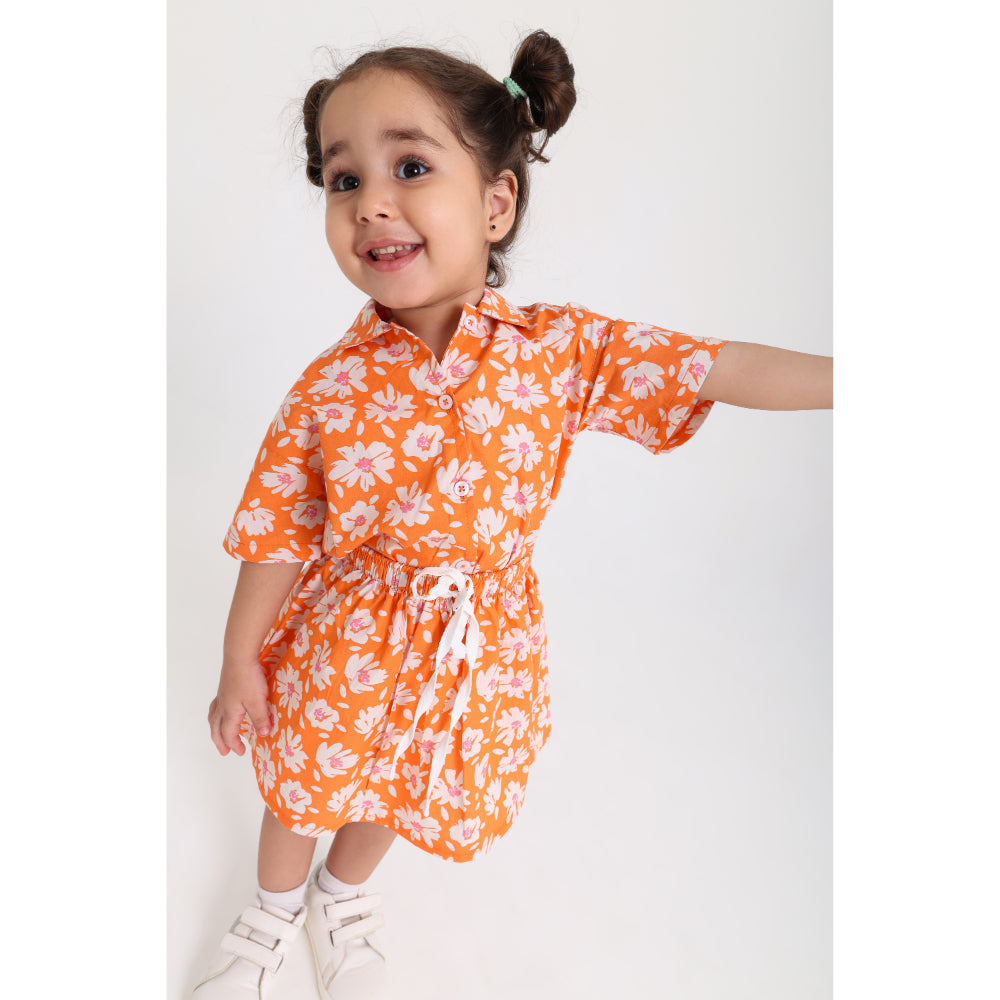 Baby Girls Cotton Outfit Set – Orange with Flowers Print