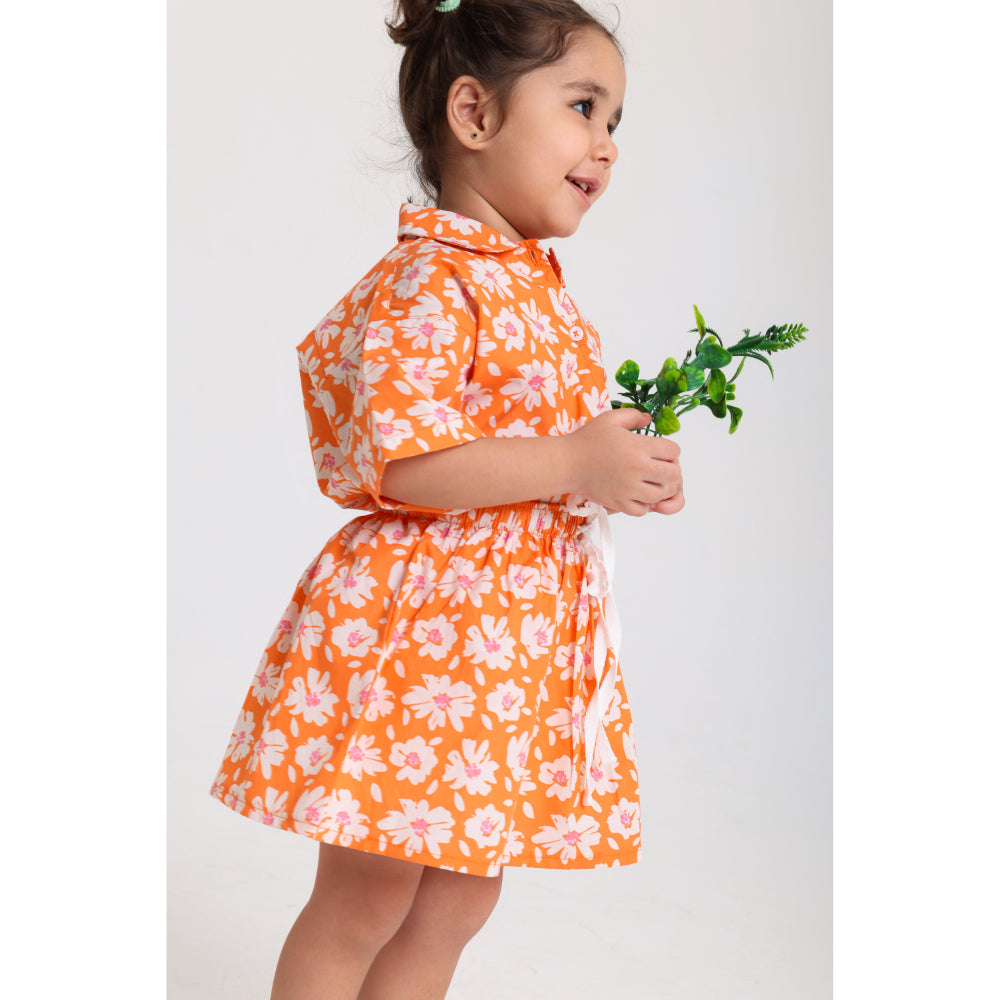 Baby Girls Cotton Outfit Set – Orange with Flowers Print