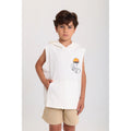 Boys Cotton Hooded Sleeveless T-Shirt – Off-White with "Out We Go" Print
