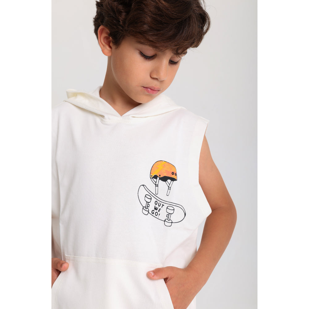 Boys Cotton Hooded Sleeveless T-Shirt – Off-White with "Out We Go" Print