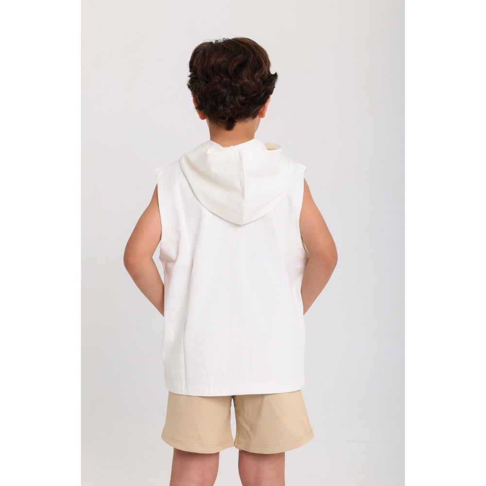 Boys Cotton Hooded Sleeveless T-Shirt – Off-White with "Out We Go" Print