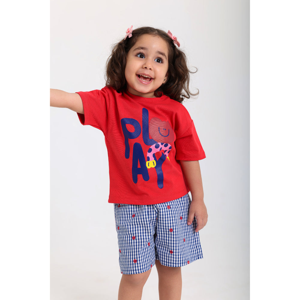 Baby Girls Cotton Outfit Set – Red & Navy with "Play" Print