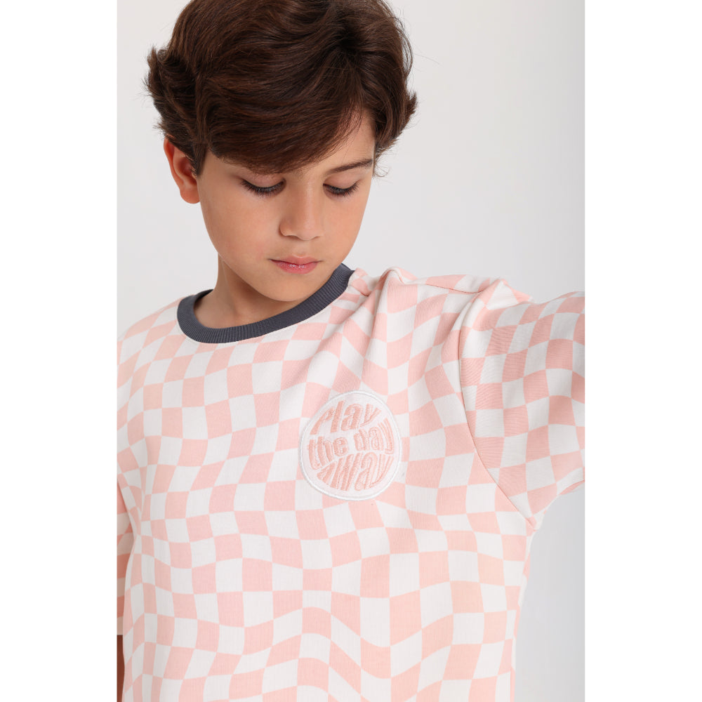 Boys Cotton Outfit Set – Off-White & Salmon with "Play The Day Away" Embroidery