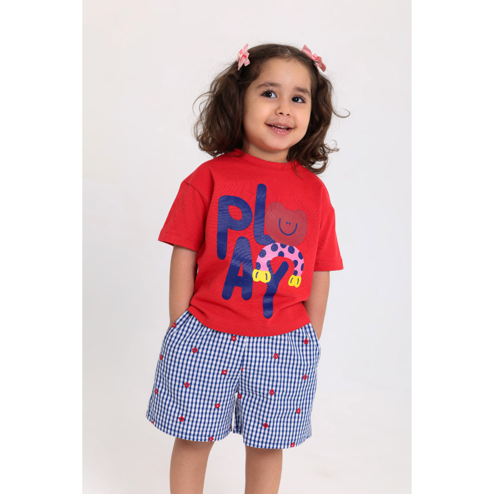 Baby Girls Cotton Outfit Set – Red & Navy with "Play" Print