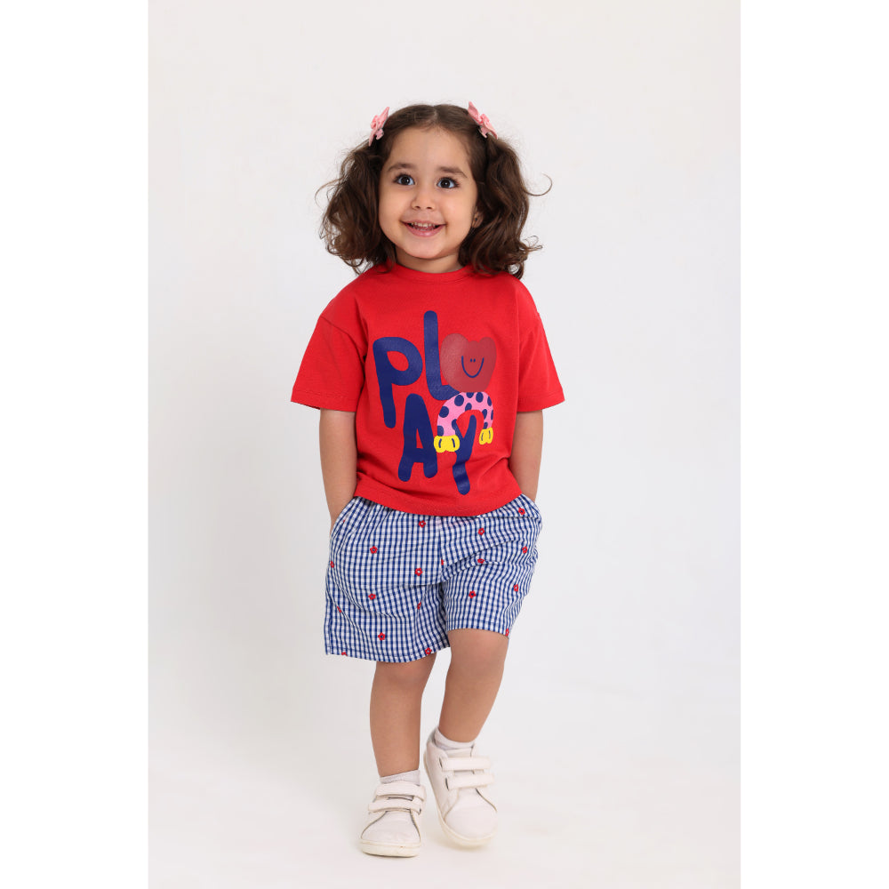 Baby Girls Cotton Outfit Set – Red & Navy with "Play" Print