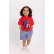 Baby Girls Cotton Outfit Set – Red & Navy with "Play" Print