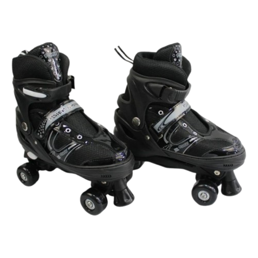 Power Superb Adjustable Roller Skate Shoes 2-Rows 4-Wheels (Large, Black)