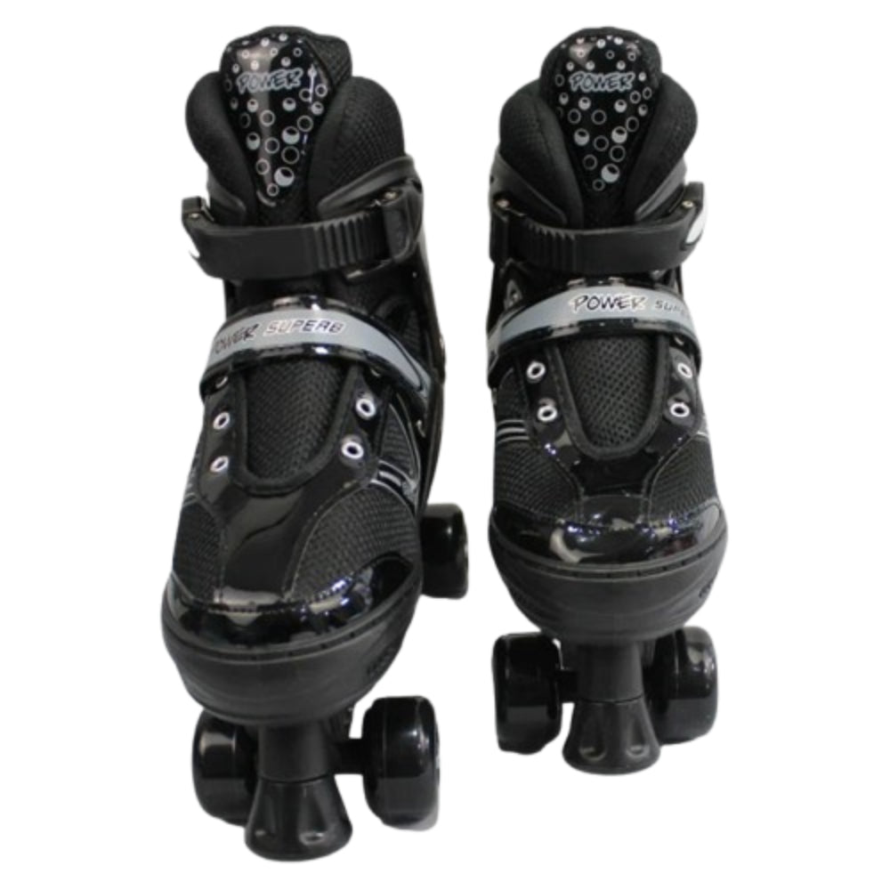Power Superb Adjustable Roller Skate Shoes 2-Rows 4-Wheels (Large, Black)