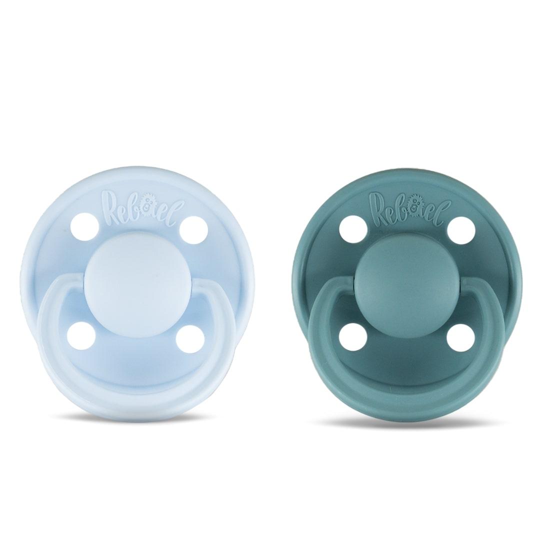 Rebael Mono Natural Rubber Round Pacifier | Pewter/Tiny Sky | Size 2 (6+M) - Ourkids - Rebael