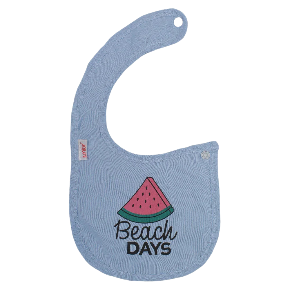 Baby Cotton Bib – Light Blue with "Beach Days" Design