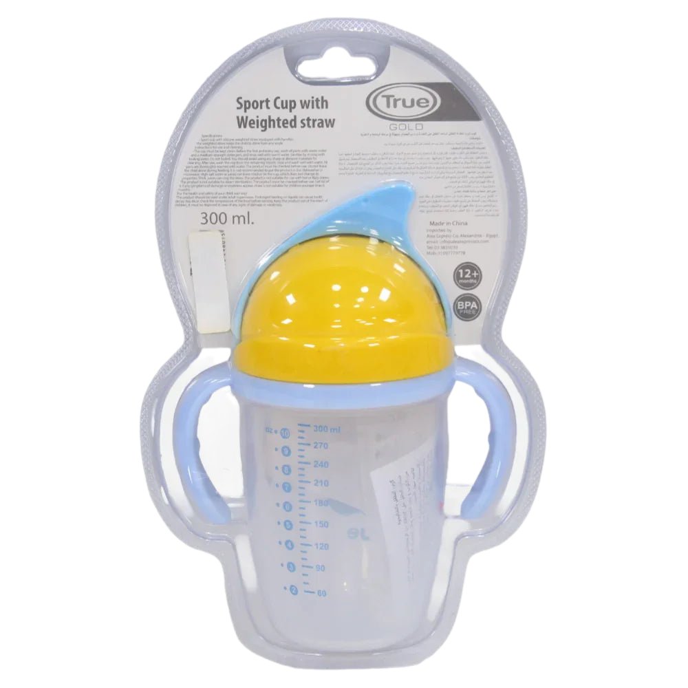 True Gold Sport Cup with Weighted Straw – 300ml with Blue Elephant Design (12+ months)