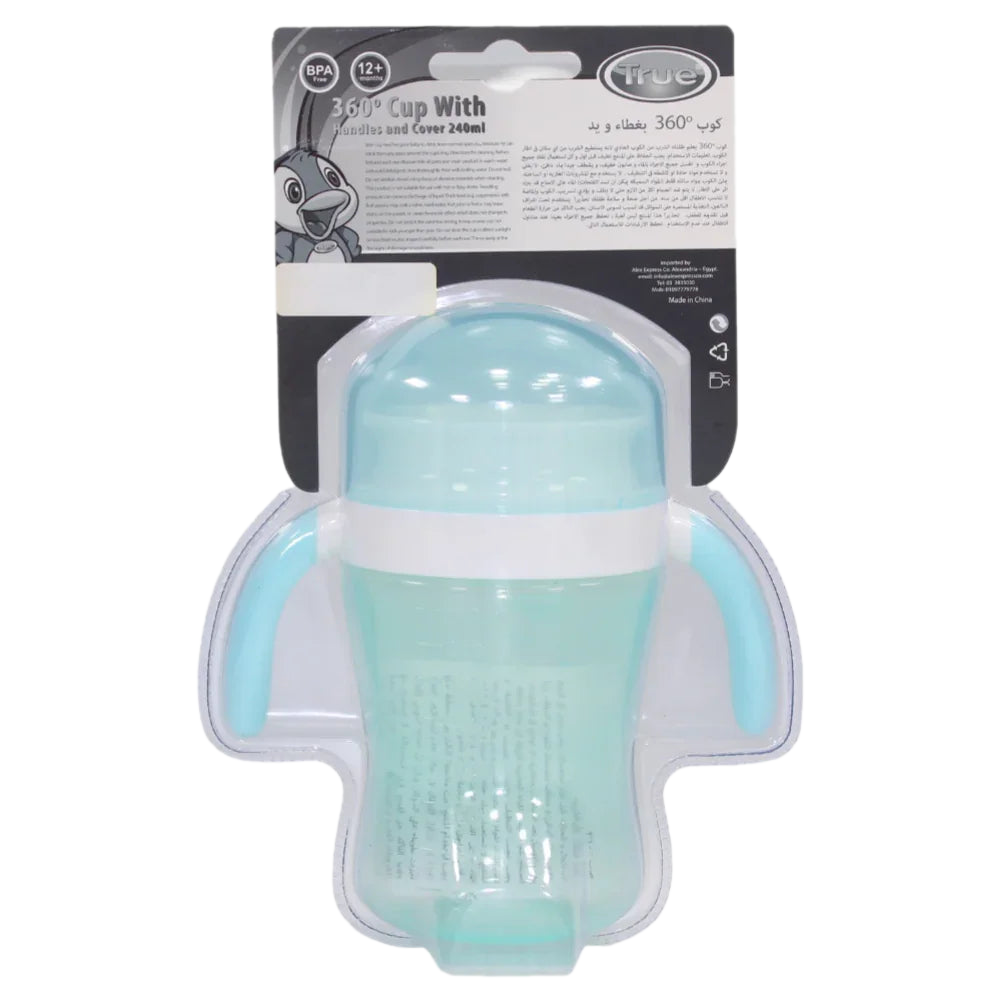 True 360° Training Cup with Handles & Cover – 240ml (12+ months) – Aqua