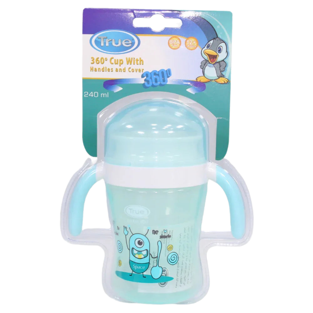 True 360° Training Cup with Handles & Cover – 240ml (12+ months) – Aqua