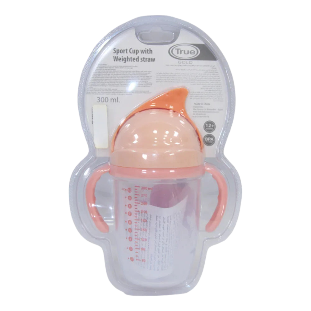 True Gold Sport Cup with Weighted Straw – 300ml with Pink Elephant Design (12+ months)