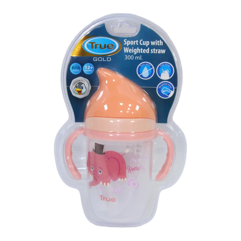 True Gold Sport Cup with Weighted Straw – 300ml with Pink Elephant Design (12+ months)