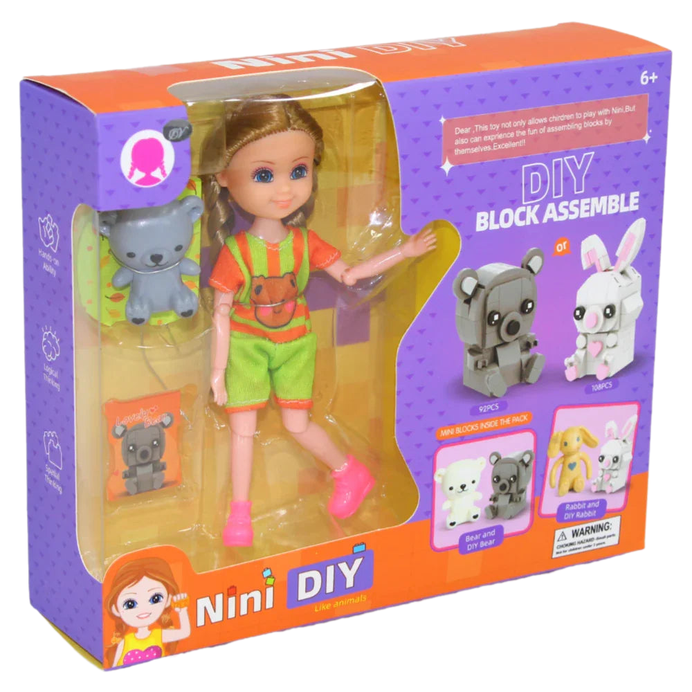 Nini Doll with Construction Toy – DIY Playset with a Little Dog & Rabbit