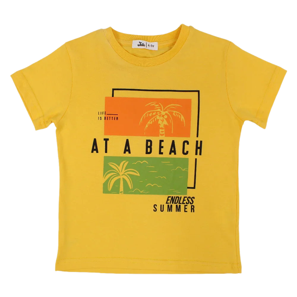 Boys Cotton T-Shirt – Yellow with "At a Beach" Design - Clothing - Jello