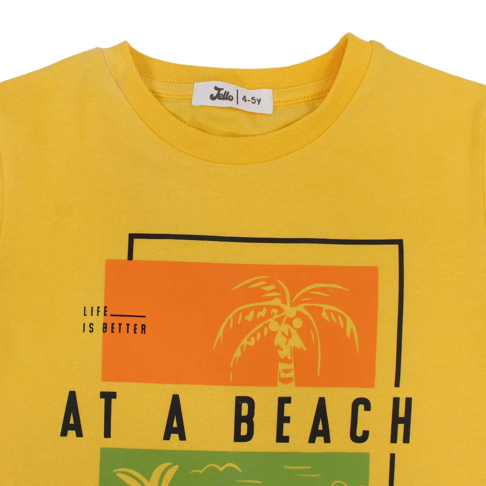 Boys Cotton T-Shirt – Yellow with "At a Beach" Design