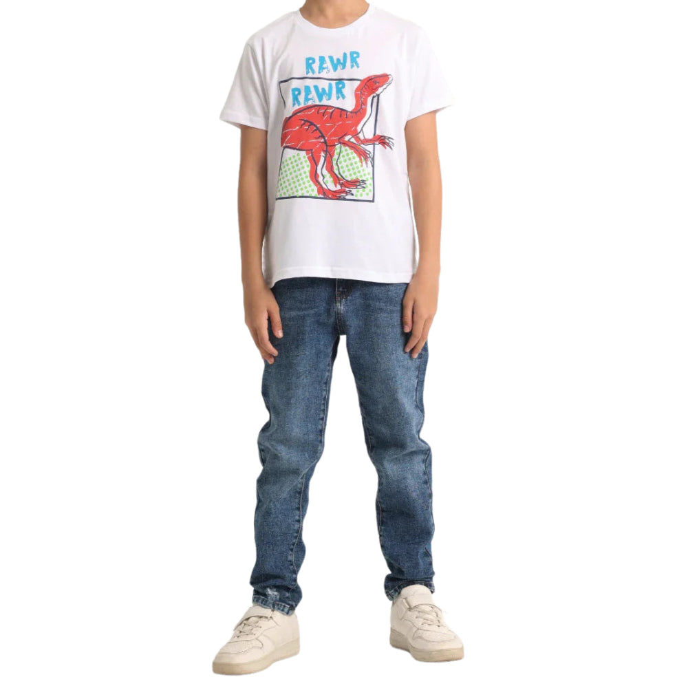 Boys Short-Sleeved T-Shirt – White Dinosaur Rawr Rawr