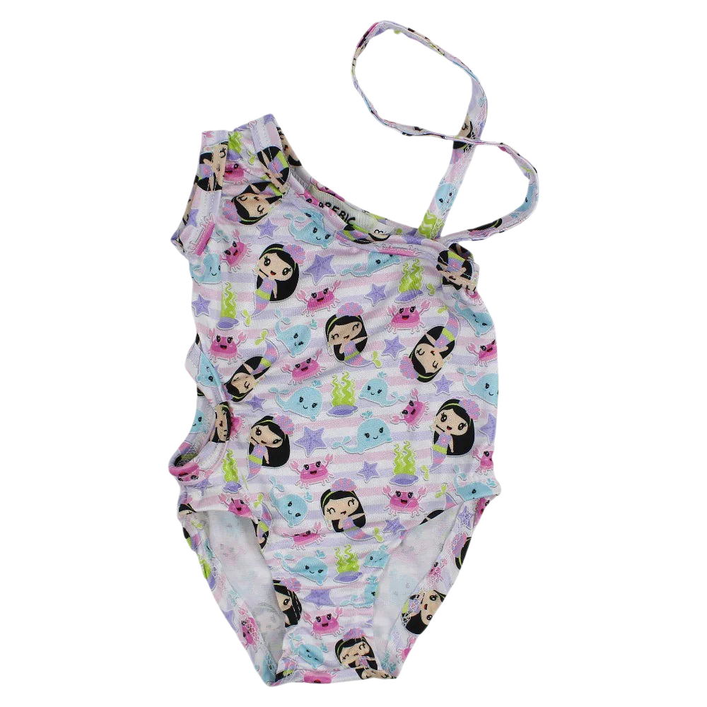 Baby Girls Swimsuit - White with Cute Mermaids Print