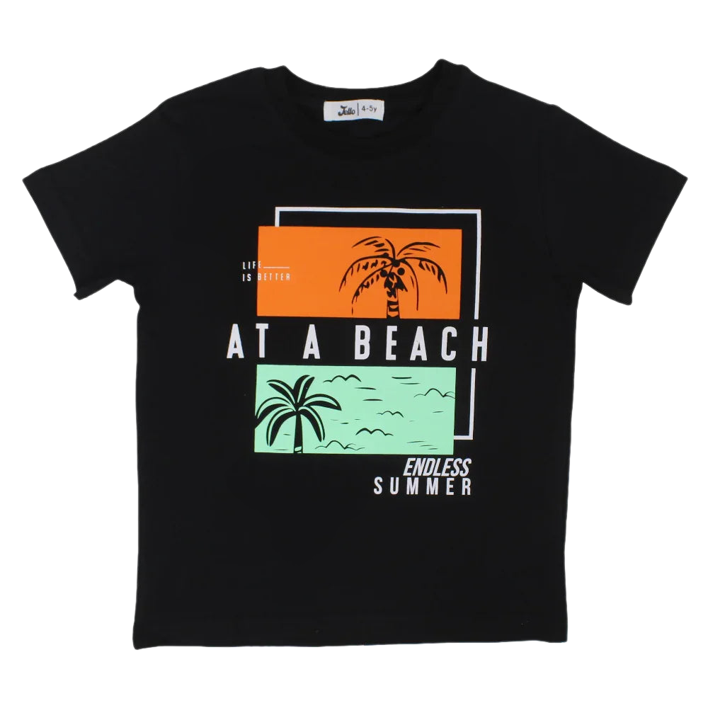 Boys Cotton T-Shirt – Black with "At a Beach" Design - Clothing - Jello