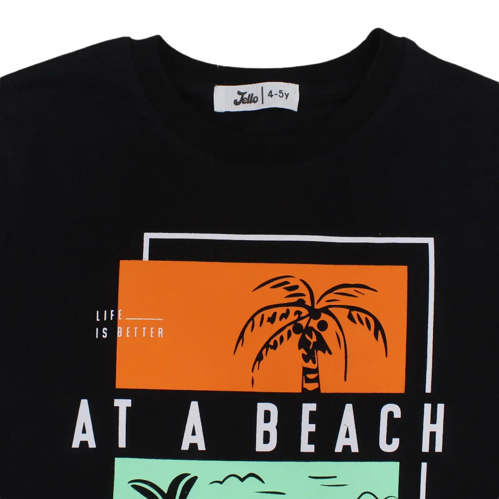 Boys Cotton T-Shirt – Black with "At a Beach" Design