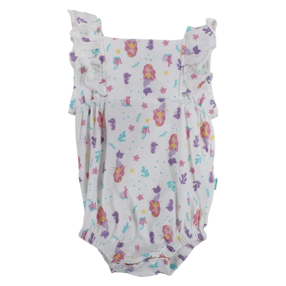 Baby Girls Cotton Romper – Off-White with Mermaid Design