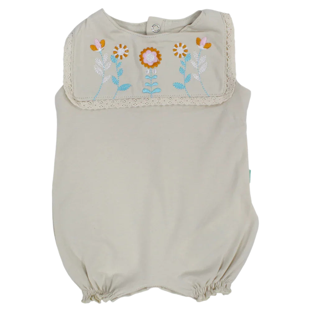 Baby Girls Cotton Romper – Beige with Floral Design