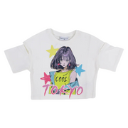 Girls Cotton T-Shirt - Off-White with Tokyo Print
