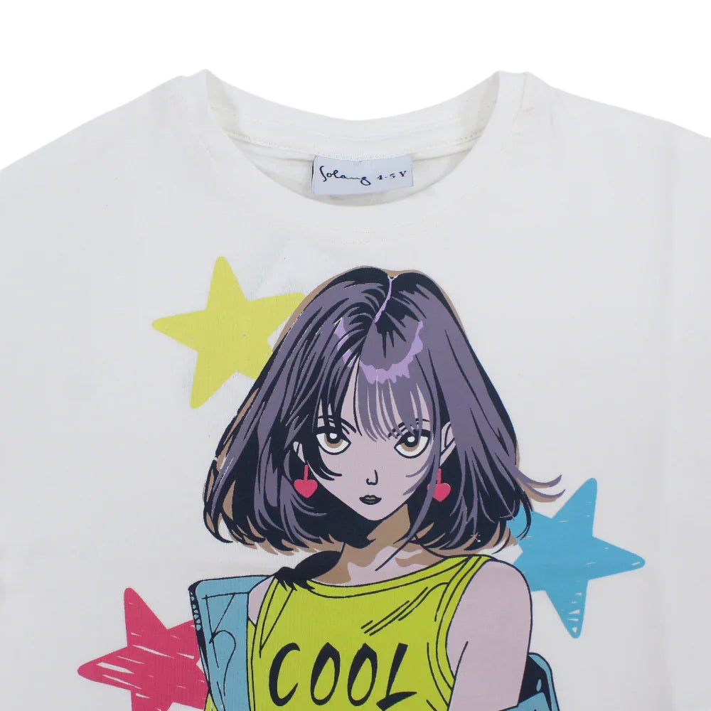 Girls Cotton T-Shirt - Off-White with Tokyo Print