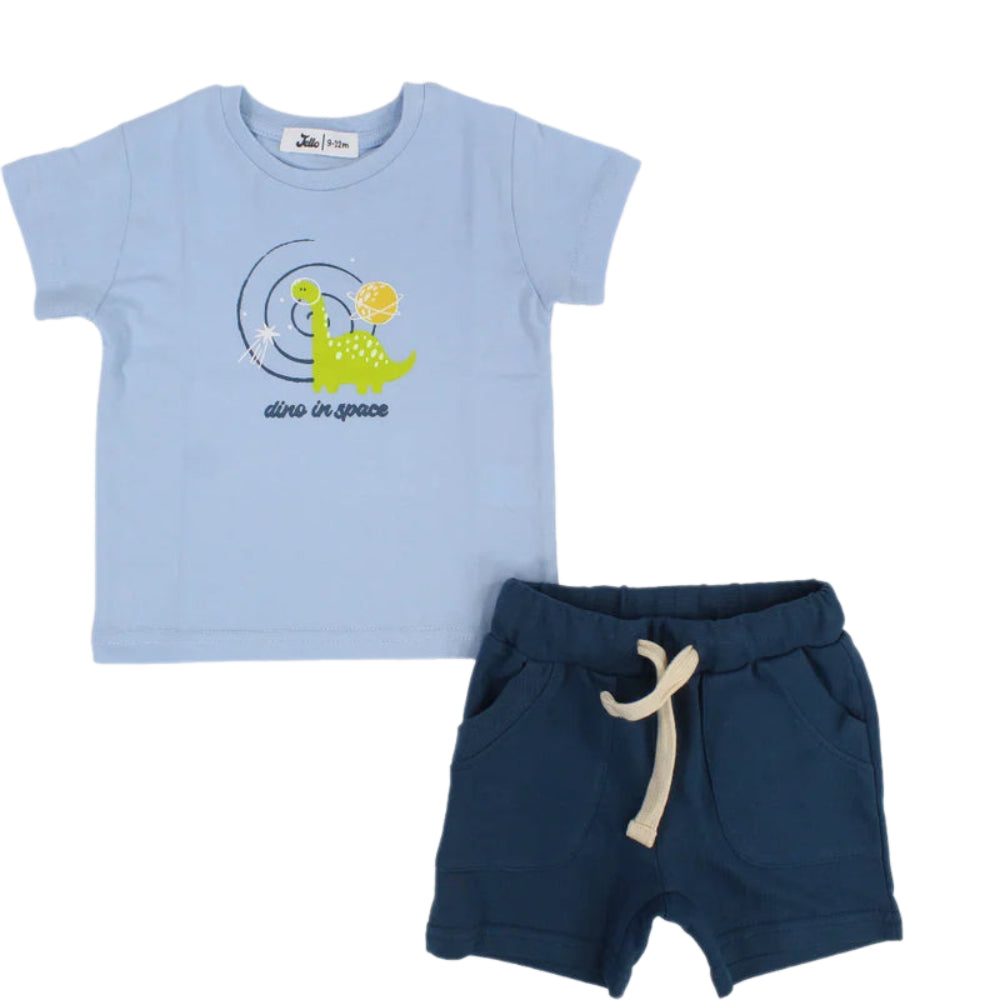 Baby Boys Cotton 2-Piece Outfit Set - Babyblue with Dino in Space