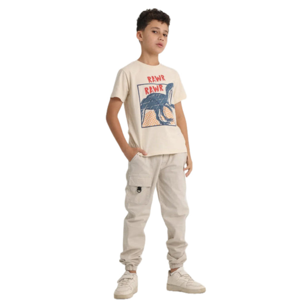 Boys Short-Sleeved T-Shirt – Beige Dinosaur Rawr Rawr - Clothing - Jello