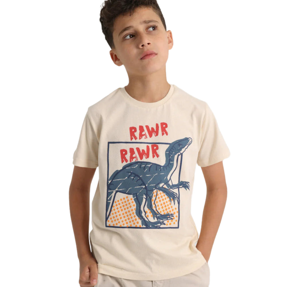 Boys Short-Sleeved T-Shirt – Beige Dinosaur Rawr Rawr