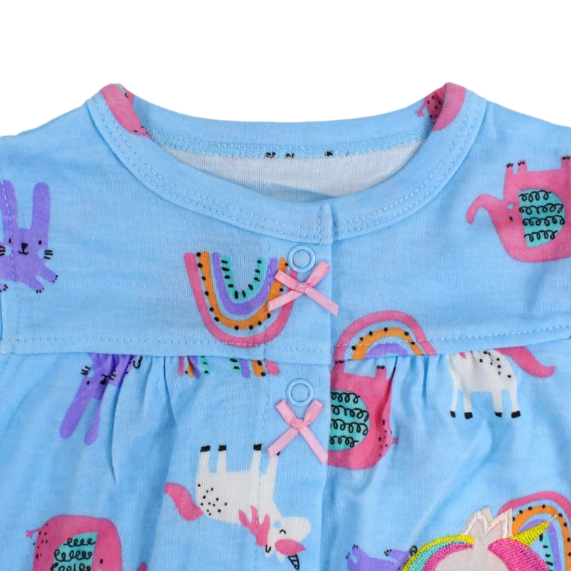 Baby Girls Cotton Romper – Light Blue with Unicorn & Elephant Print