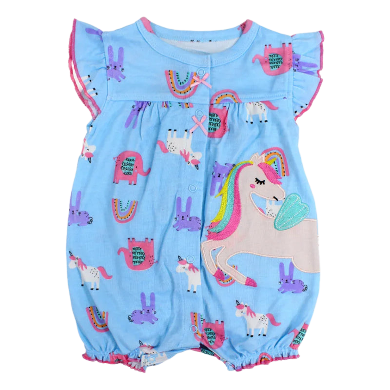 Baby Girls Cotton Romper – Light Blue with Unicorn & Elephant Print