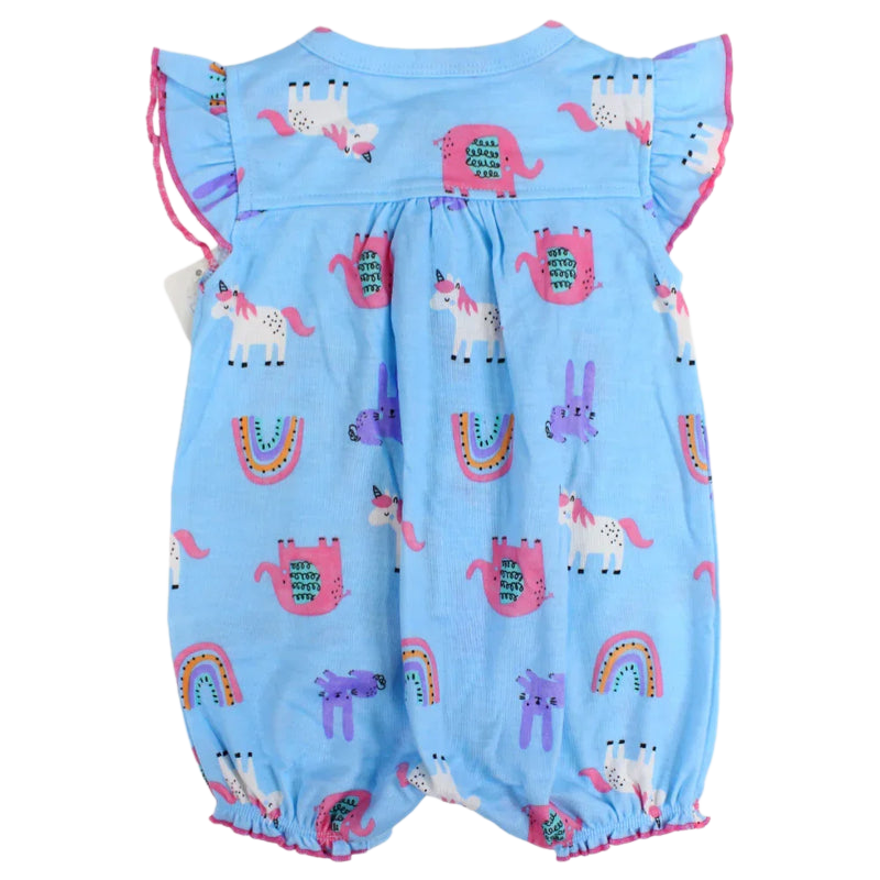 Baby Girls Cotton Romper – Light Blue with Unicorn & Elephant Print